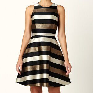 NWT TAHARI Women’s Sleeveless Striped Gold Black Fit & Flare Dress Sz 10